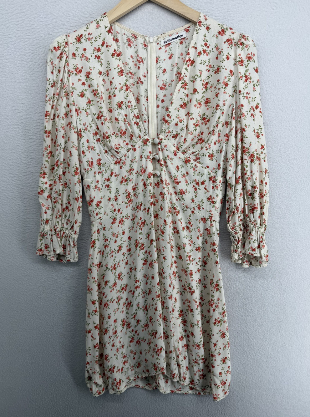 REFORMATION Dress 6 Marina Floral Print Mini Deep V-Neck Puff Sleeve Off White - Picture 1 of 11